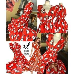 Retro Tomato Red & White Floral Flowy Short Sleeve Button Down A Line Maxi Dress